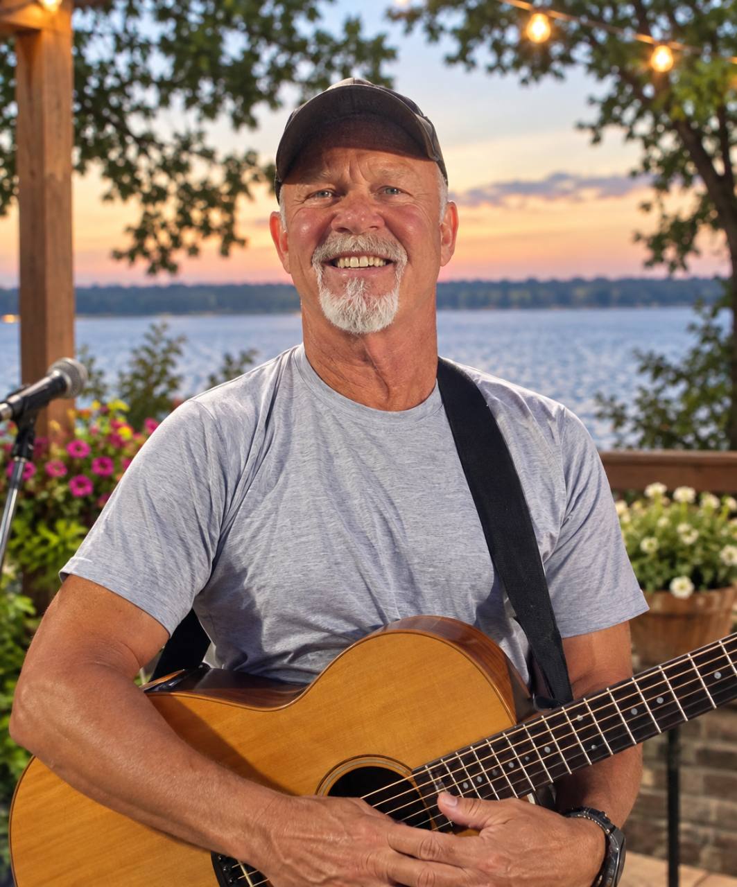 Chad Hinsenkamp smiling at the camera with his acoustic guitar